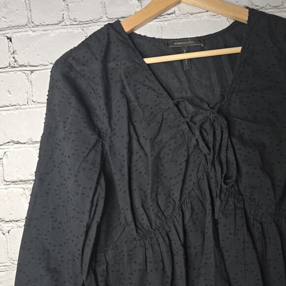 BCBG MaxAzria 100% Cotton Black Textured Polka Dot Lace Up Collar Blouse Large - Picture 5 of 13